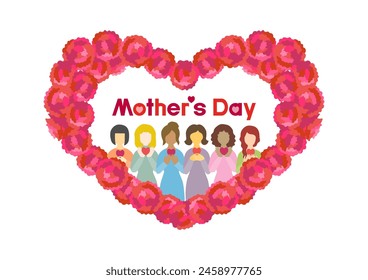 Vector illustration for Mother's Day. Red carnation flower frame and women. For greeting cards, banners and wallpapers.