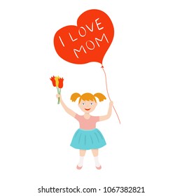 vector illustration for Mothers day.Little girl with flowers and balloon like heart.Inscription I love mom
