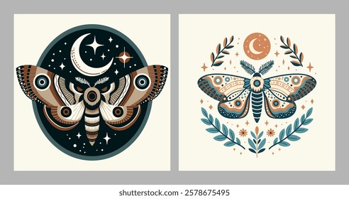 Vector Illustration of Moths with Moon and Stars in Earth Tones and Teal - Suitable for Wall Art, Stationery, and Textile Design