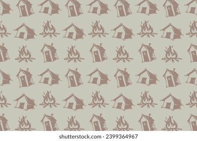 Vector illustration of a motif pattern on a camping ground with tents and a campfire.