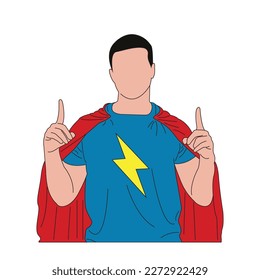 Flacher Cartoon Super Hero auf isoliertem weißem Hintergrund, der eine tolle Idee aufzeigt. Vektorgrafik.