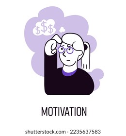 Ilustración vectorial. Motivación. Empleados pensando en maneras rentables y exitosas de obtener ascensos, crecimiento profesional. Concepto de negocio, desarrollo de la carrera, intercambio de ideas