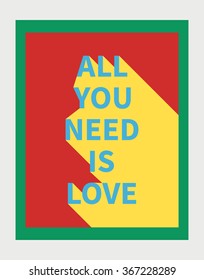 Vector illustration: motivation poster with love slogan with diagonal shadow made in bright colors and pop-art style