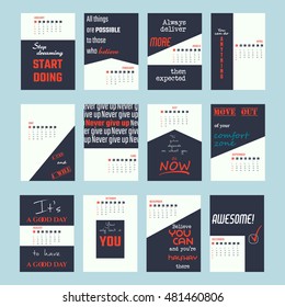 Vector Illustration of motivation quotes calendar for Design, Website, Background, Banner. Print Planner inspiration concept Template. Monthly lettering 2017 year