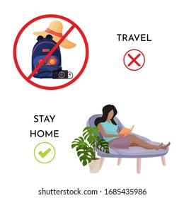 vector illustration with motivational banner to stay home during quarantine. Cartoon style quarantine vacation cancellation, call to work from home