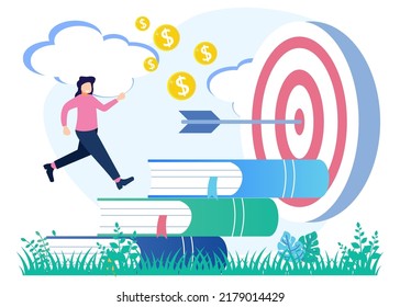Vector illustration of motivational or inspirational symbol in business growth and development. Improve career visualization and personal improvement with the book ladder to goals.
