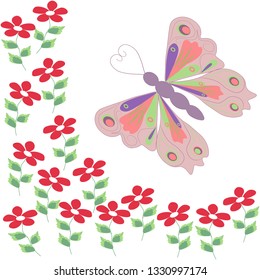 Vector illustration of motley butterfly and flowers bright on a white background, artistic. Spring design.