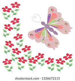 Vector illustration of motley butterfly and flowers bright on a white background, artistic, textured. Spring design.