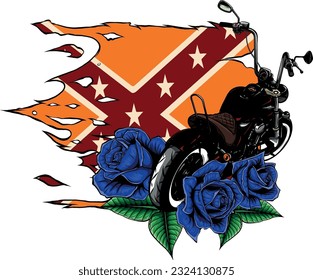vector illustration of motorcycle bike with roses and confederate flag