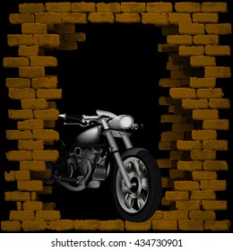Vector illustration of the motorcycle, chopper in breaking the brick wall. Can be used with any image or text on a black background.