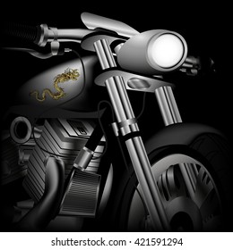Vector illustration of motorcycle close-up on a dark background.