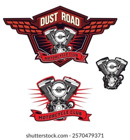 Vector illustration of motorcycle engine. Moto club, emblem, road dust.