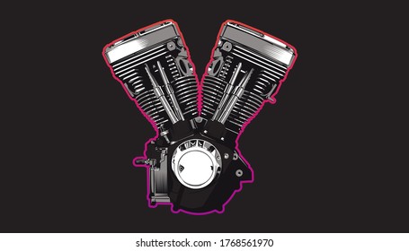 A vector illustration for motorcycle engine on a dark  background.