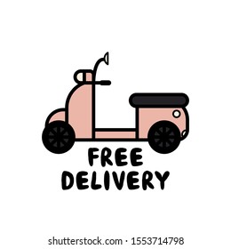 Ilustración vectorial con motocicleta de estilo plano y texto "Entrega gratuita". Diseño compacto para tarjetas, afiches, medios sociales para publicidad de transporte de servicio.Entrega de mensajería o mensajería.