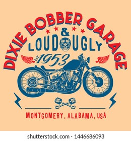 Vector illustration with a Motorcycle / Garage label, t-shirt print / Dixie Vintage typography for apparel - Vector