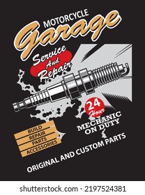 vector illustration of motorcycle garage poster, motorcycle service, motorcycle build, motorcycle parts and accessories.