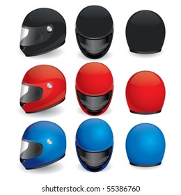 Vector illustration of motorcycle helmet. Black, red and blue set