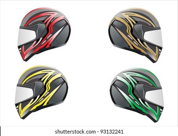 Vector illustration of motorcycle helmet. Black, red and blue set