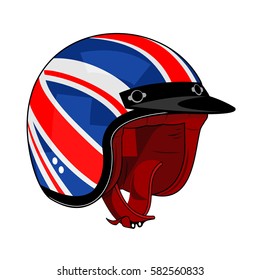 Vector illustration of motorcycle helmet. Emblems and label. Trendy vintage helmet for drivers of motorcycles and scooters, popular means of transport in a modern city. Isolated on a white background