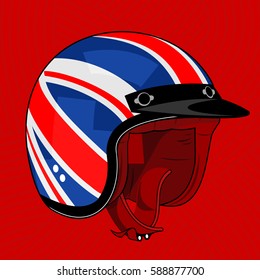 Vector illustration of motorcycle helmet. Emblems and label. Trendy vintage helmet for drivers of motorcycles and scooters, popular means of transport in a modern city. Isolated on a red background
