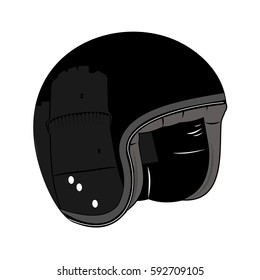 Vector illustration of motorcycle helmet. Emblems and label. Trendy vintage helmet for drivers of motorcycles and scooters, popular means of transport in a modern city. Isolated on a white background