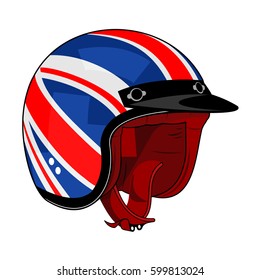 Vector illustration of motorcycle helmet. Emblems and label. Trendy vintage helmet for drivers of motorcycles and scooters, popular means of transport in a modern city. Isolated on a white background
