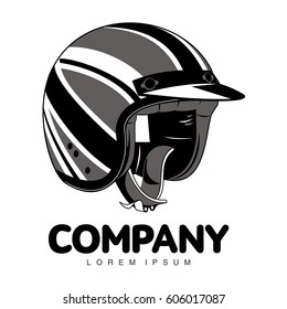 Vector illustration of motorcycle helmet. Emblems and label. Trendy vintage helmet for drivers of motorcycles and scooters, popular means of transport in a modern city. Isolated on a white background
