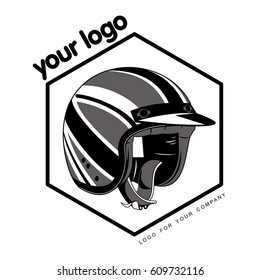 Vector illustration of motorcycle helmet. Emblems and label. Trendy vintage helmet for drivers of motorcycles and scooters, popular means of transport in a modern city. Isolated on a white background