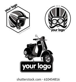 Vector illustration of motorcycle helmet. Emblems and label. Trendy vintage helmet for drivers of motorcycles and scooters, popular means of transport in a modern city. Isolated on a white background