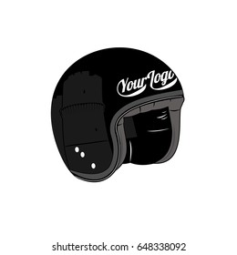 Vector illustration of motorcycle helmet. Emblems and label. Trendy vintage helmet for drivers of motorcycles and scooters, popular means of transport in a modern city. Isolated on a white background