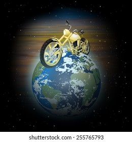 vector illustration of a motorcycle on a planet earth