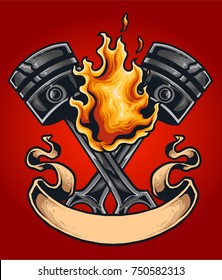 Vector illustration of motorcycle pistons, flames and banner 