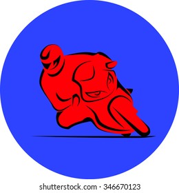 Vector illustration of motorcycle racer on sportbike, red sign in blue circle