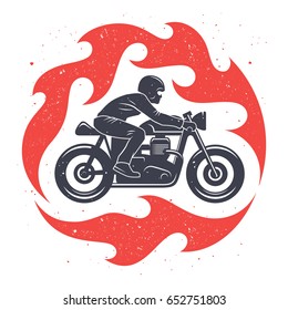 Vector illustration with a motorcycle rider and spurts of flame / Cafe Racer graphic Tee / T-shirt print design