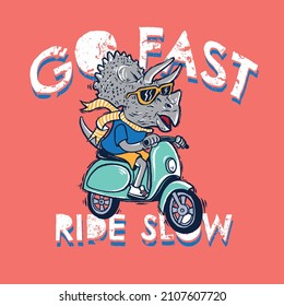 Vector illustration of motorcycle riding cartoon dinosaur. For boys t-shirt.