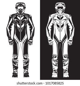 Vector illustration of motorcycle riding or race suit. Hovering motorcycle, hovercraft riding suit black and white templates. Flat style design.