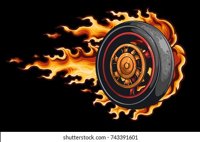 Vector illustration of motorcycle tire wheel speeding with fire trails 