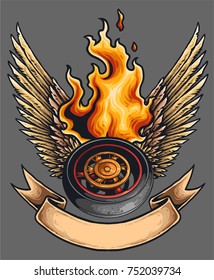 Vector illustration of motorcycle wheel with flames, banner and wings