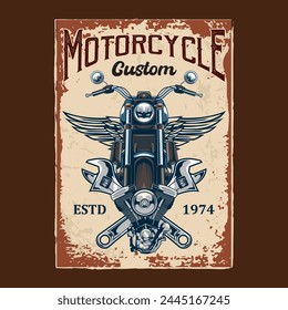 Vector Illustration of Motorcycle with Wings, Two Pistons and Two Wrench with Vintage Illustration Available for Vintage Poster