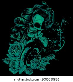 vector illustration Motorcycle with woman skull and roses