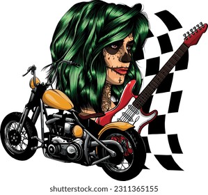 vector illustration of motorcycle woman skull and guitar on white background.
