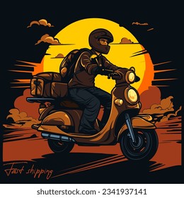 Vector illustration. A motorcyclist on a moped delivers food or pizza.