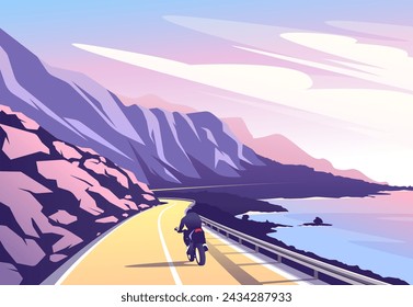 Vector illustration of a motorcyclist riding along a winding mountain road along the sea coast at sunset