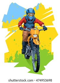 Vector illustration of a motorcyclist riding a dirt bike isolated on abstract background. Beautiful sport themed poster. Extreme sports, summer sports, motocross.