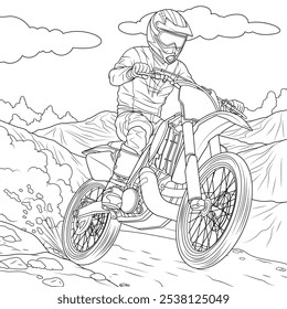 Ilustración vectorial, motociclista montando motocicleta todoterreno, libro para colorear