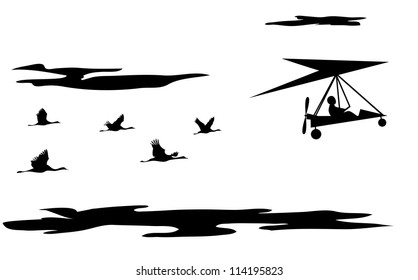 vector illustration of motorized hang glider and cranes