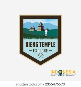 Vector illustration of mount Bromo badge and Dieng temple.