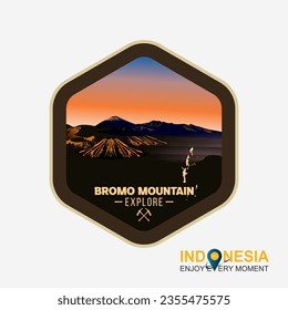 Vector illustration of mount Bromo badge and Dieng temple.