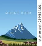 Vector illustration. Mount Cook. Travel poster, banner, postcard, cover. Modern design. Tourism.