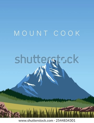 Vector illustration. Mount Cook. Travel poster, banner, postcard, cover. Modern design. Tourism.